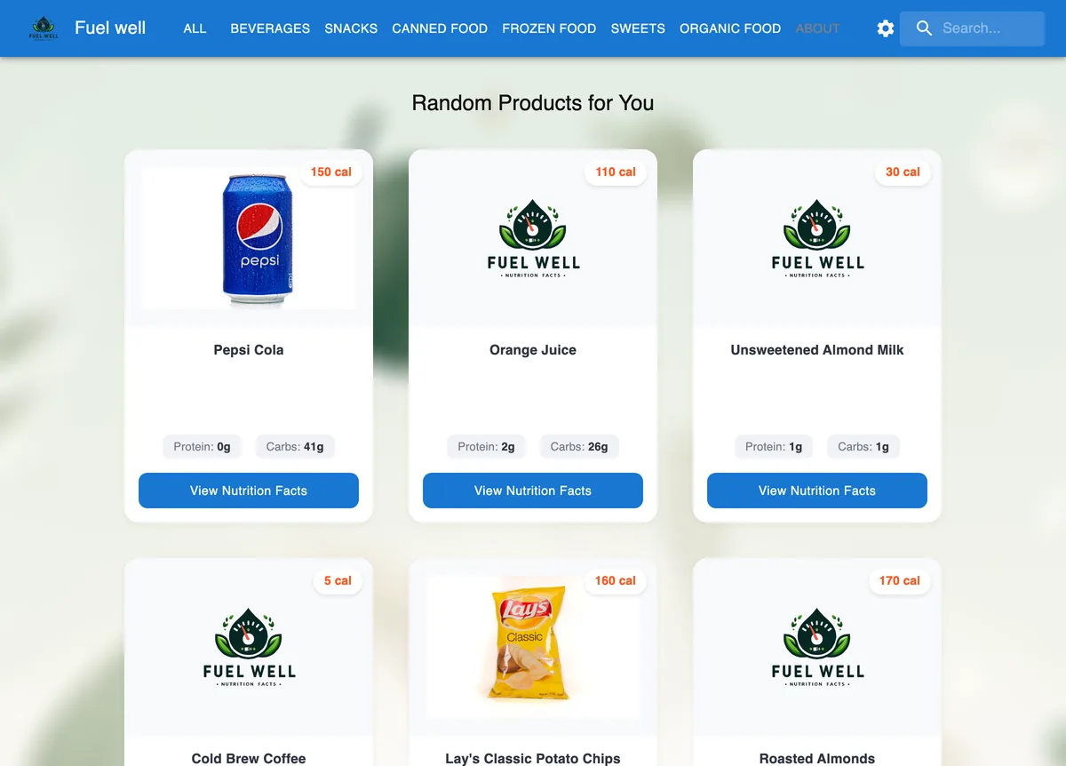 واجهة مشروع Fuel Well لعرض بيانات المنتجات الغذائية